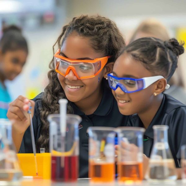 Two young students wearing safety goggles work on a science experiment in a classroom.